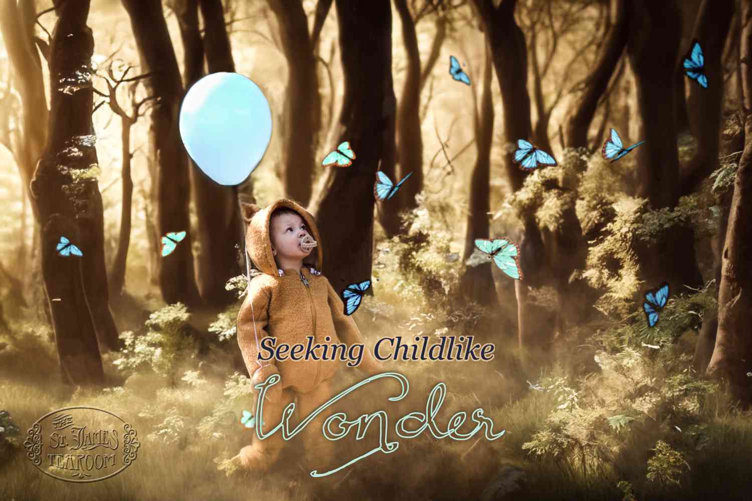 Seeking Childlike Wonder - Winnie-the-Pooh in Forest of Blue Butterflies