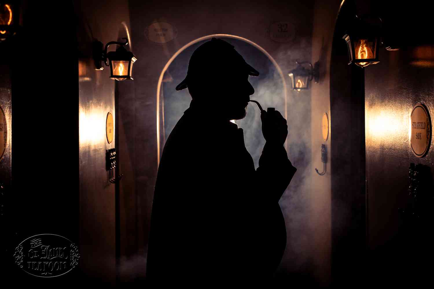 Sherlock Holmes smoking pipe mysteriously in the shadows