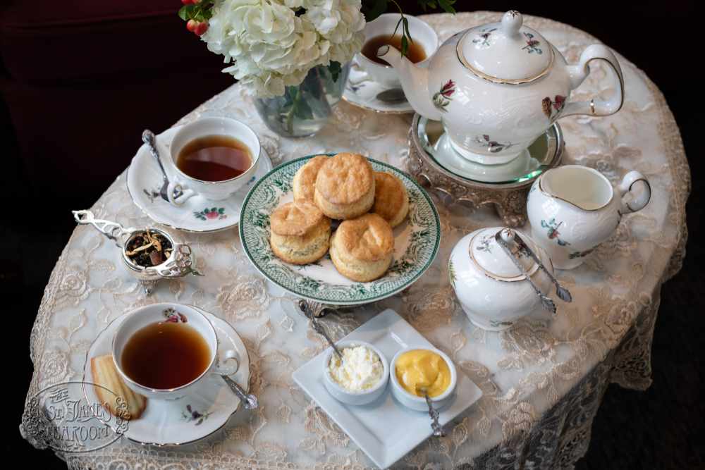 Tea table with cream scones and Anna Garden tea set Tea table with cream scones and Anna Garden tea set