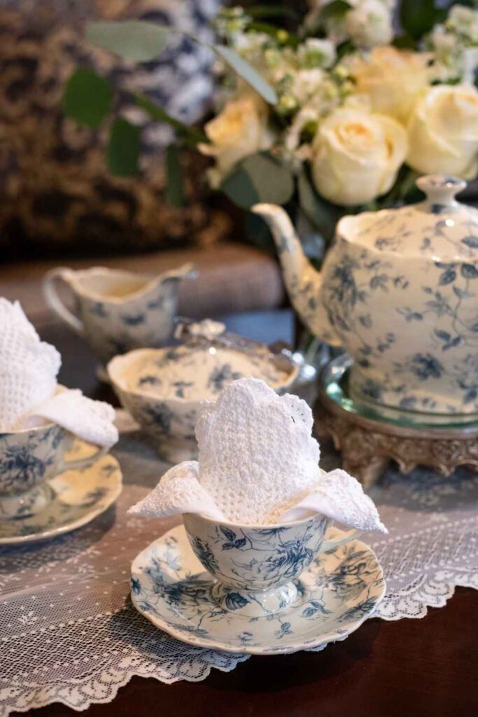 St James Tearoom Gift Shop Albuquerque - Blue Rose Toile Teacup with Napkin folded